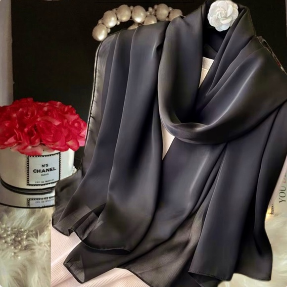BLACK 100% SILK SATIN Large Shawl Scarf Wedding Bridesmaid CoverUp Evening Wrap - Picture 8 of 8